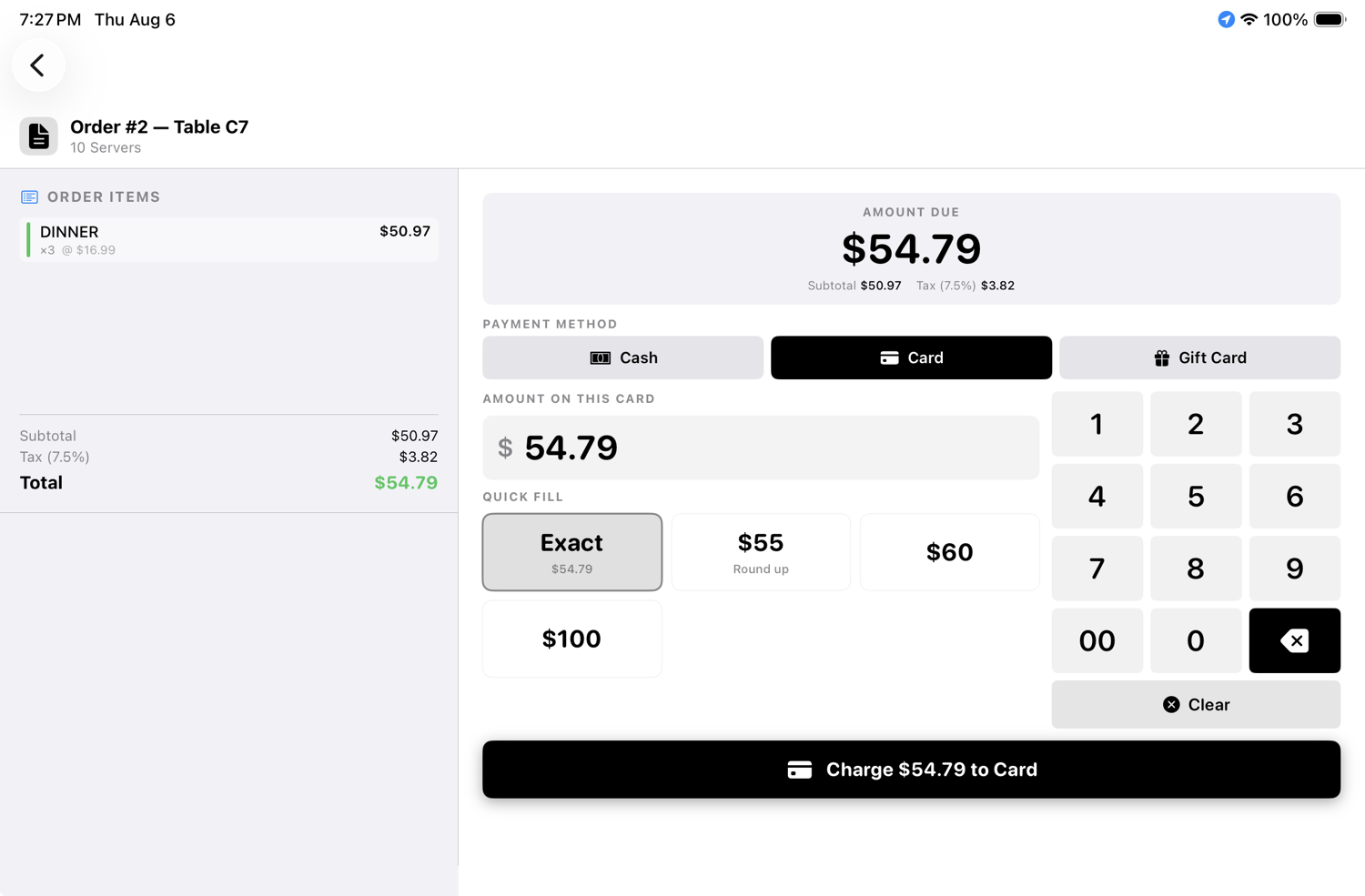 MZ Nova POS checkout screen showing an order total and card payment