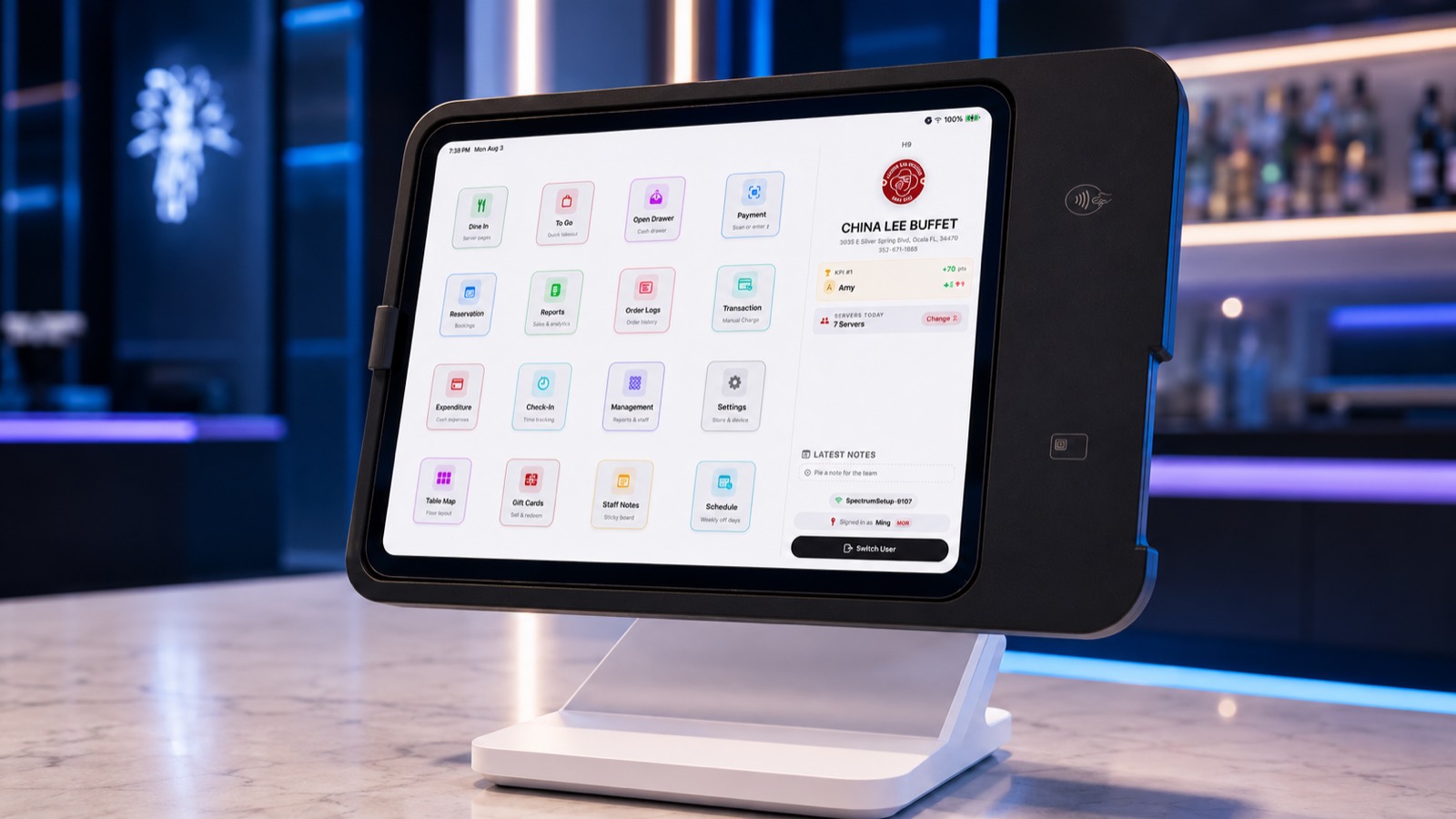 MZ-System home screen with tiles for dine-in, takeout, reports, gift cards, and scheduling