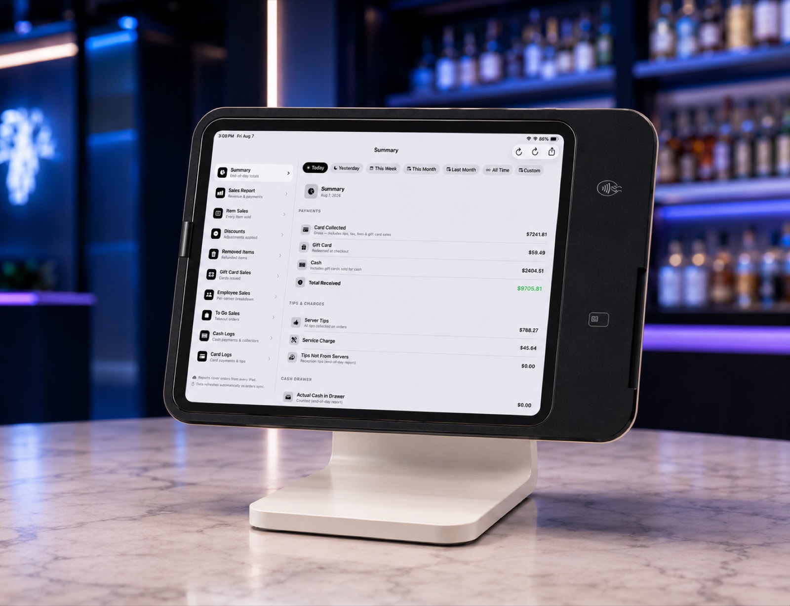 MZ-System end-of-day summary report with payments, tips, and cash-drawer totals