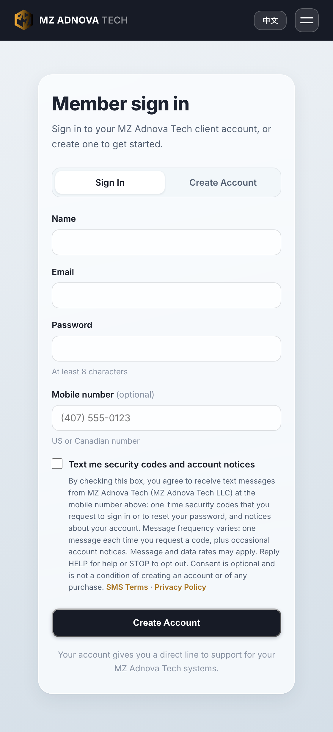 The Create Account form on mzadnova.com: name, email, password, an optional mobile number, and an unticked box labelled Text me security codes and account notices, followed by the consent wording and links to the SMS Terms and the Privacy Policy.