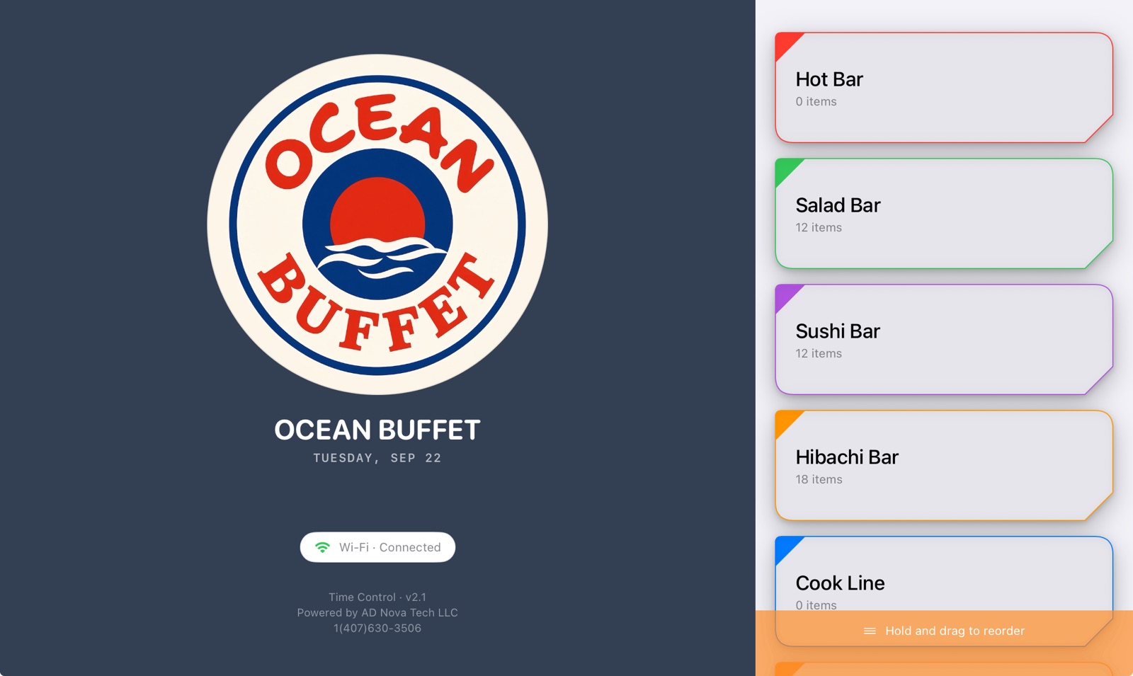 Time Control home screen with the restaurant logo and a list of stations: Hot Bar, Salad Bar, Sushi Bar, Hibachi Bar, Cook Line