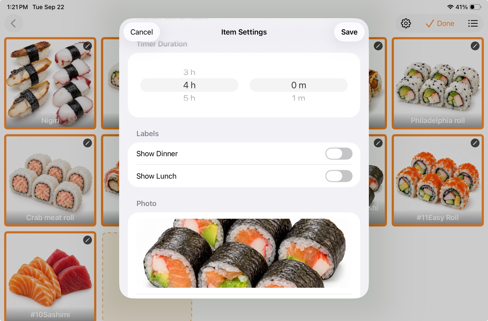 Item Settings sheet in Time Control showing a timer duration of 4 hours 0 minutes, lunch and dinner labels, and the dish photo