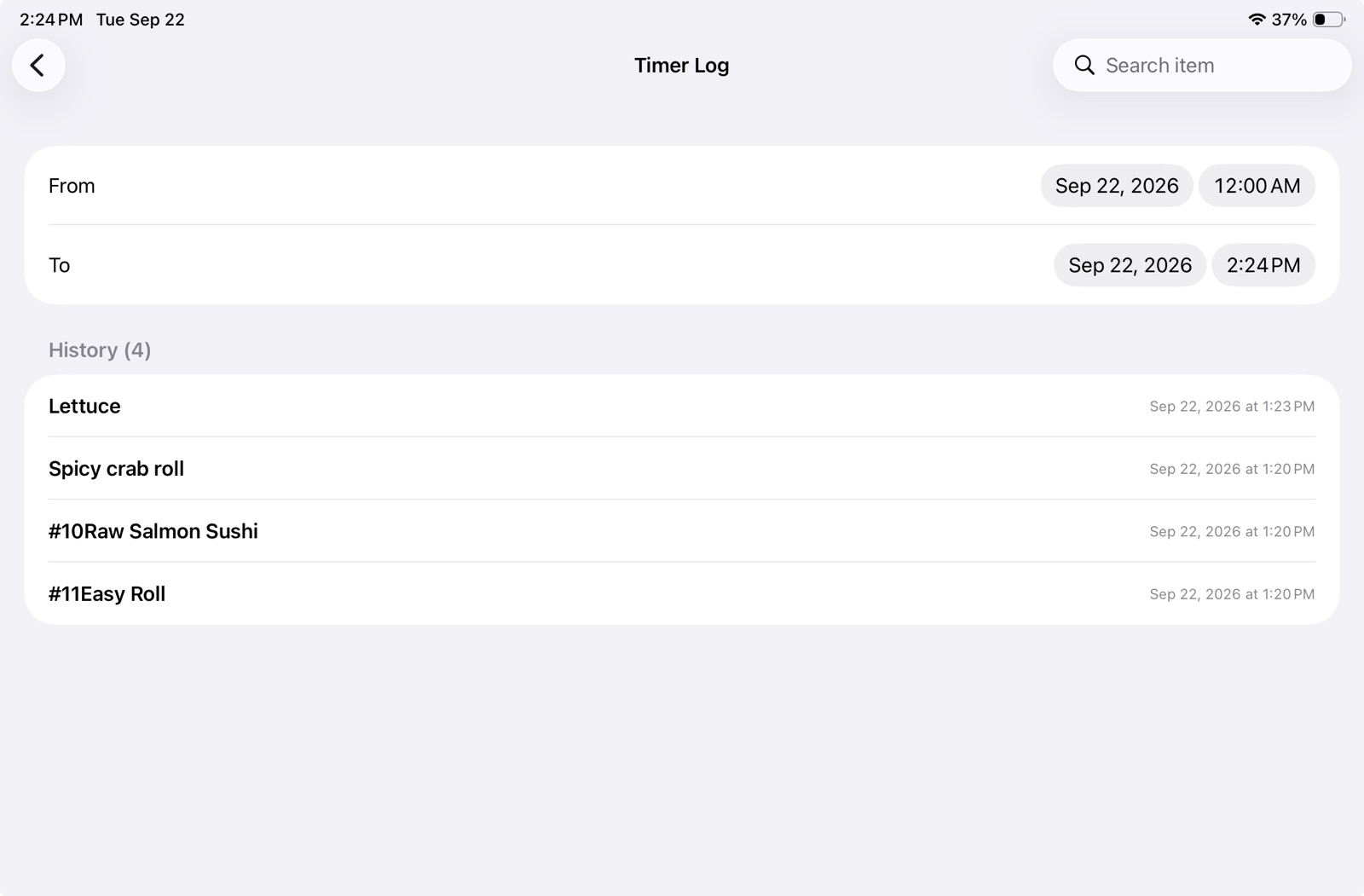 Timer Log screen in Time Control: a From/To date range and a history list of dishes with the time each timer was started